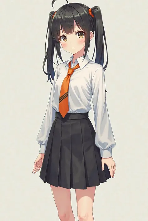 A girl in white full sleeves shirt and black school shirt with orange tie with black stripes, two pony, white socks with grey strips and black school shoes