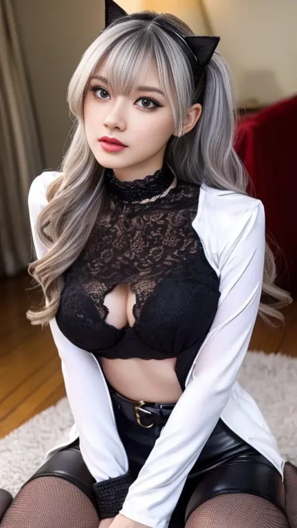  Masterpiece ,  TOP QUALITY, HD,Photographically,  Super Detail, Fine section, Whole body, High Precision, realistic, 8k,  One beautiful woman,The hair is bright silver wavy medium twin tail hair,Large, open, see-through, tight latex and lace catsuit,Swept...