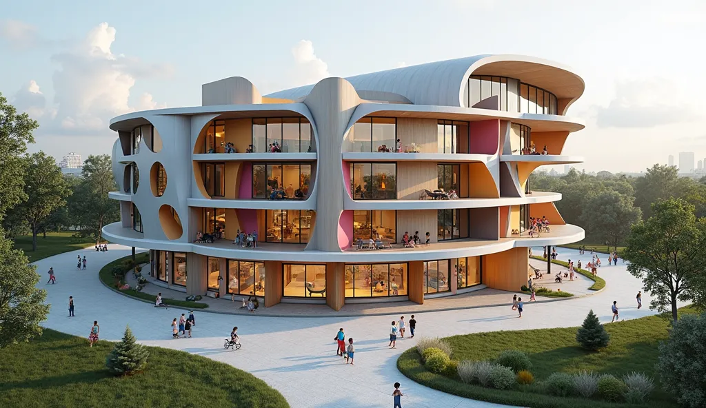 A realistic, high-quality architectural visualization of a contemporary crescent-shaped kindergarten building, shown clearly from an overall aerial perspective. The three-story structure prominently features modern, dynamic geometry with varied volumetric ...