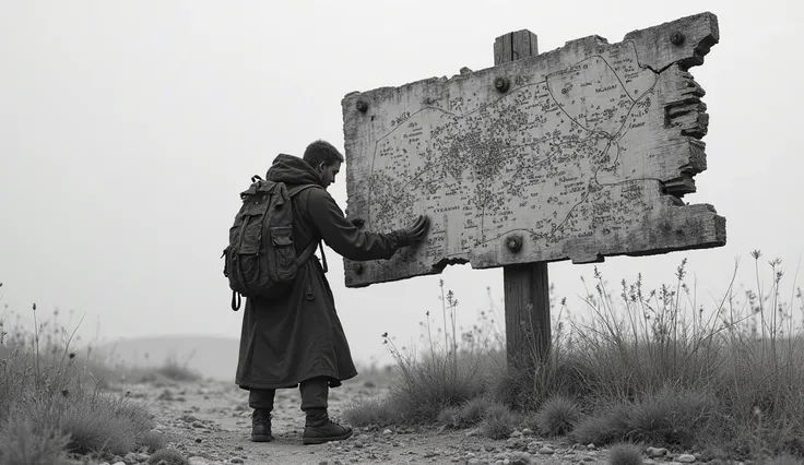 A lone traveler in a monochrome wasteland discovers the remnants of a weathered, whitewashed sign. The faded wood is cracked and eroded by time. As the traveler cautiously peeks behind it, they find an ancient map drawn in black ink. The map’s white lines ...