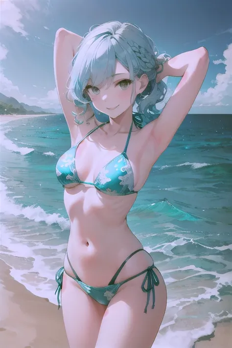 Masterpiece, a girl, sexy girl, (solo:1.2), (pale blue hair:1.2), (stylish hairstyle:1.3), (beige eyes:1.2), (seductive smile:1.2), (bikini:1.4), (ocean wave print bikini:1.4), (slender body:1.4), (pale skin), (small breasts:1.3), (standing:1.2), (arms beh...