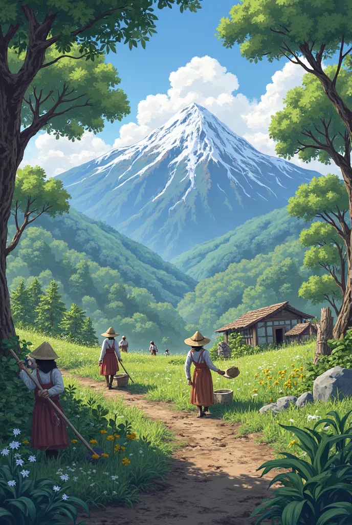 make a picture of a rustic atmosphere

with fresh mountain view background
and shady trees
and some people are doing rural activities 
planting apgi