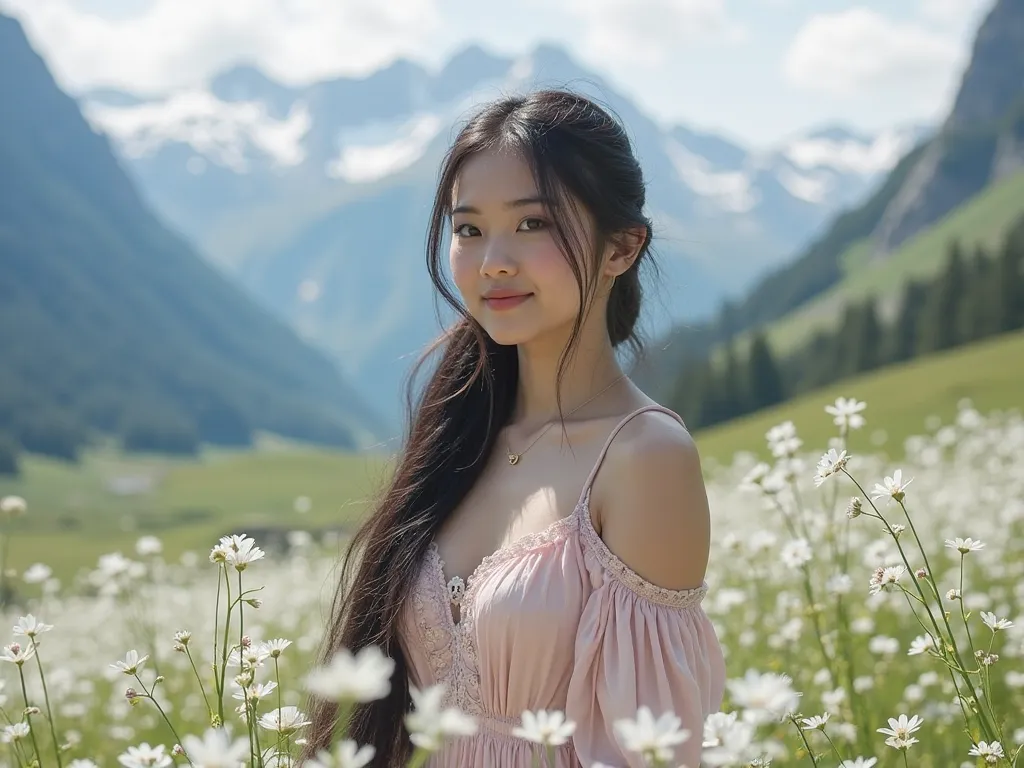 A 25 years old European woman who has long black hair in a ponytail, has shady blue eyes and fair skin, she has thin lips, and soft smile. She is wearing crystals pastel dress, in a beautiful meadow with white flowers all around and silver mountains as a b...