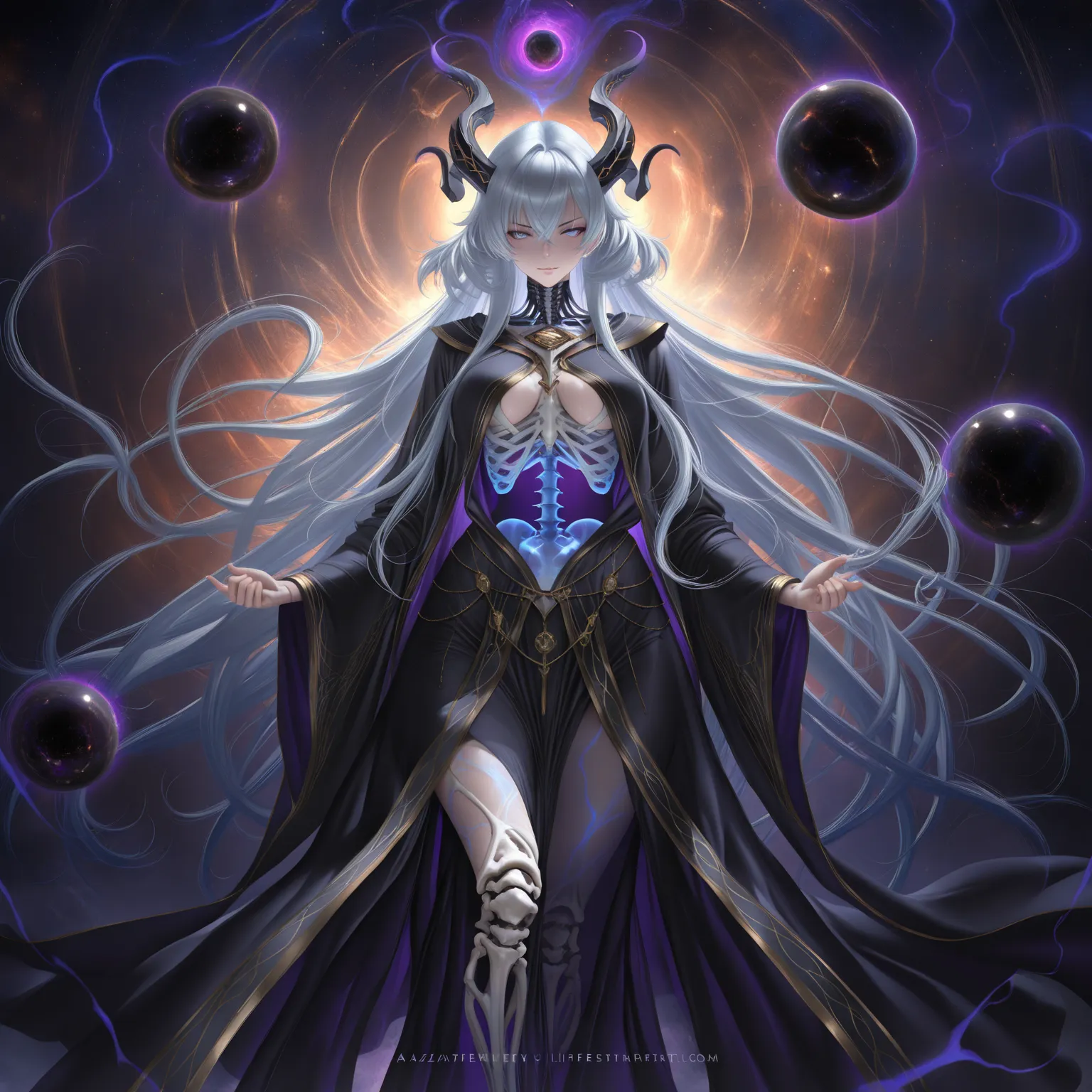 (masterpiece, best quality, 8k, extremely detailed),
1girl, Azathoth – Dragon God of Chaos, a haunting, lifeless yet imposing eldritch beauty,
pale, almost translucent skin etched with glowing cosmic runes and fractal patterns,
long, flowing hair that shif...