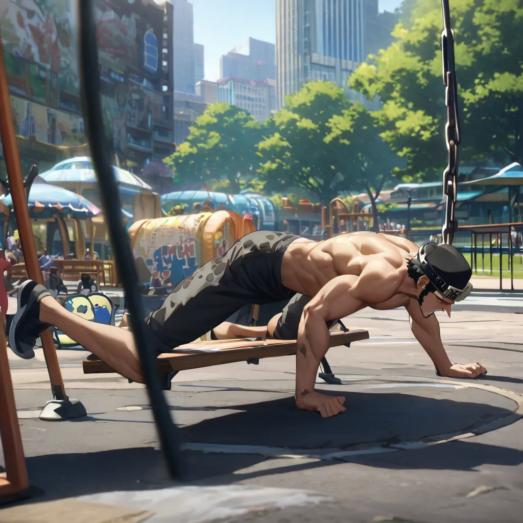 trafalgar law、Tragalfaro is doing push-ups on a bench in a city park、solo、full body、HD、Super Detail、High definition 、 with movement、anatomically correct、deep background with letters written on it、 Fantastic、 shines brightly、A city park with swings and slid...