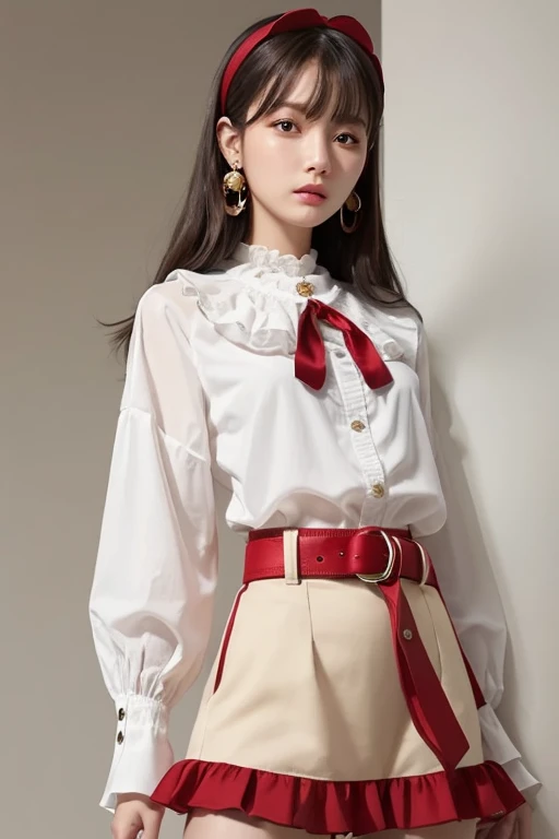  top quality , very detailed,masterpiece, ULTRA DETAIL,Alone,(Delicine eyes),(White background:1.3),red eyes, standing, belt skirt ,[trench coin:20],gem, mole_Down_eye,  in rot _in_viewer, Frilled_ headband, earrings for women with first name