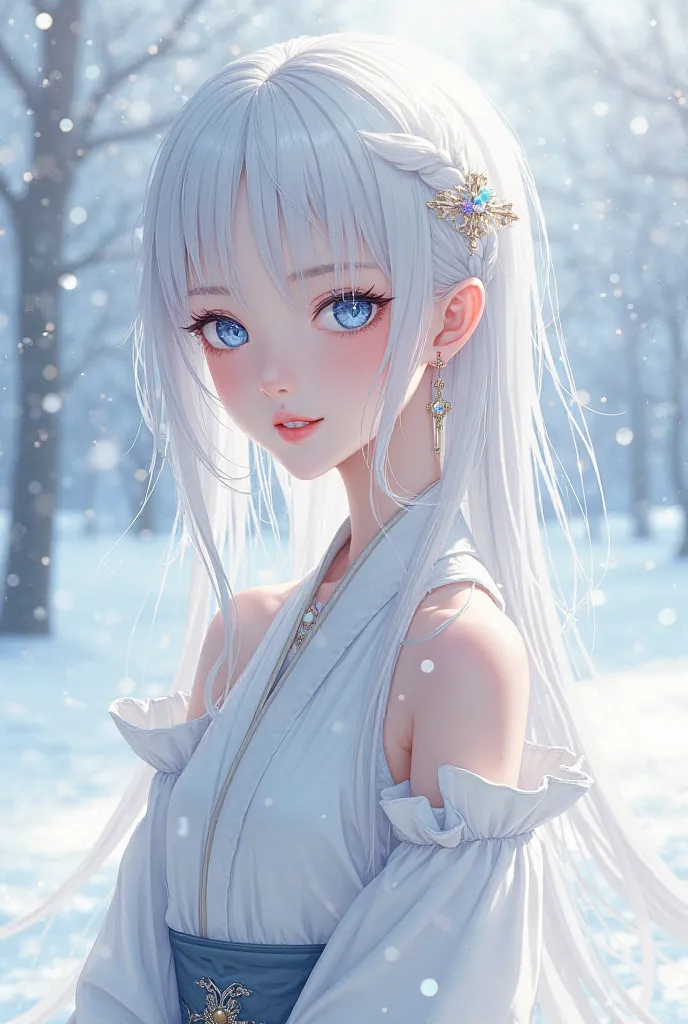  Anime Girl, Snow white hair,  blue eyes, White Hanfu costume