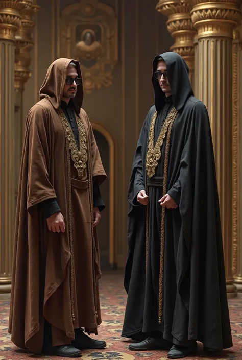 there are two men standing next to a mannequin in a room, a picture inspired by Osman Hamdi Bey, instagram, les nabis, dressed thobe, religious robes, middle eastern style vendors, egyptian clothes, monk clothes, male vampire of clan banu haqim, high quali...