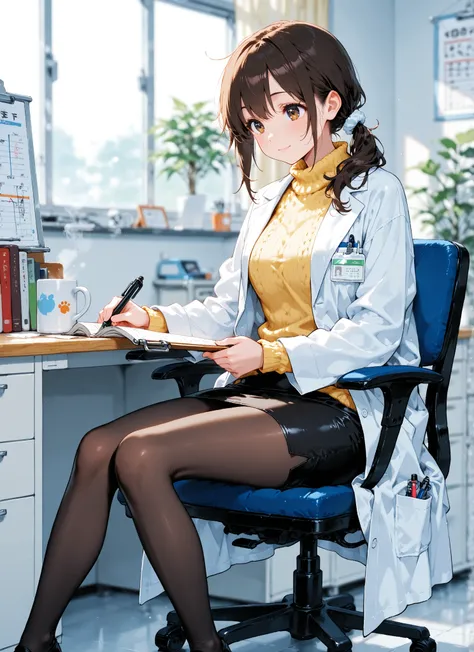 (masterpiece, TOP QUALITY, great quality, is ridiculous, very aesthetic),beautiful woman,(shadows:1.2) , Blurred background
BREAK 20years old,20 year old female、Low ponytail,side ponytail, 1girl , doctor, white lab_coat, sweater, tight skirt, pantyhose, li...