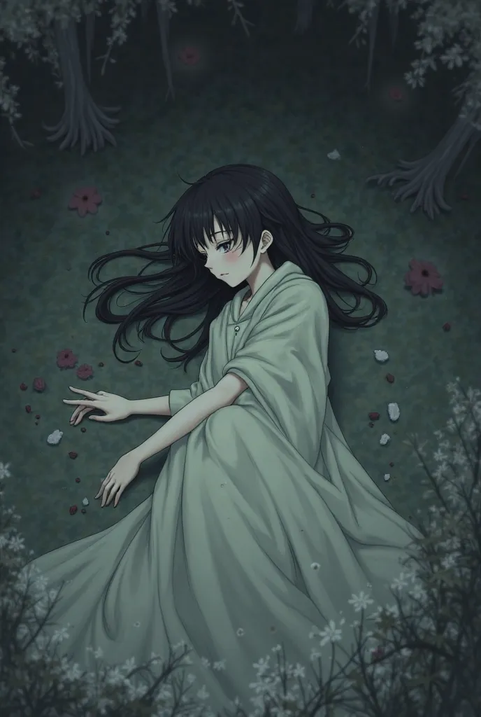 Anime girl, wearing cloak, girl died, dead pose, lay on her face, dying, 