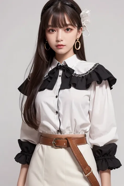  top quality , very detailed,masterpiece, ULTRA DETAIL,Alone,(Delicine eyes),(White background:1.3),red eyes, standing, belt skirt ,[trench coin:20],gem, mole_Down_eye,  in rot _in_viewer, Frilled_ headband, earrings for women with first name