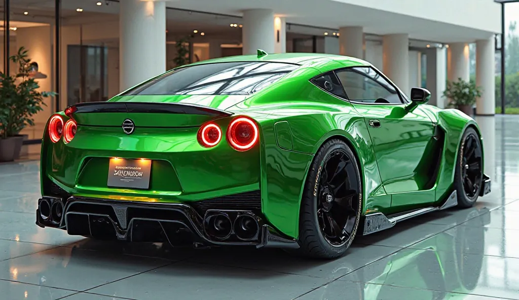  3D render of a heavily modified (2025  nissan y 61)in(green )colour, (back right side view) The car features closing doors, ultra-high-detail glossy and shiny modifications, including sleek add-ons. The () logo is prominently displayed on the closing door...