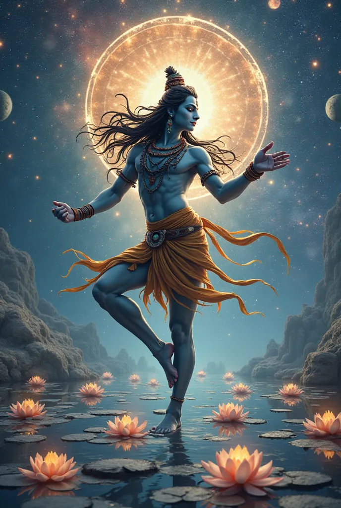 Lord Shiva in Nataraja dance pose, wearing deer skin cloth, face sideways up, in a mystical universe background with cosmic light and celestial bodies and a heavenly pond with lotuses. Divine energy flowing throughout, and deep far perspective 