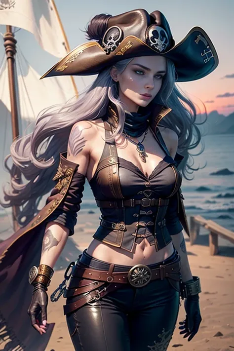 full bodyesbian, Top quality, Intricate details , (Fine skin, Shiny skin, Shiny hair, Pale complexion), Purple sky, golden time, Sunset, Sail ships, Pirate ship, ((Skull mark on flag)), Ambitious, Seductive Woman, Gray hair, Long hair, Hair fluttering in t...