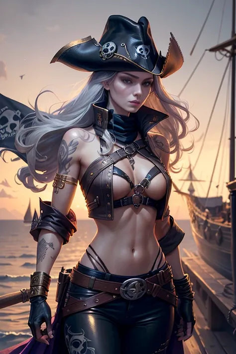 full bodyesbian, Top quality, Intricate details , (Fine skin, Shiny skin, Shiny hair, Pale complexion), Purple sky, golden time, Sunset, Sail ships, Pirate ship, ((Skull mark on flag)), Ambitious, Seductive Woman, Gray hair, Long hair, Hair fluttering in t...