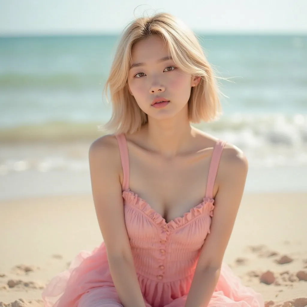 K-pop idol, charming, Korean, unique looking, kind of looks like, brown eyes, blonde hair, Yunjin from Le sserafim, pretty, pale skin, cute fashion, K-pop music video concept photo, pretty beach, noon, pink like, cute and soft like, sitting in the sand, pr...