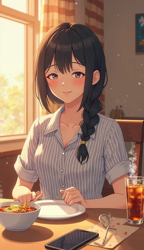  is laughing、((food with one hand on my cheek)) I'm satisfied with eating　straight hair that reaches the shoulders - (Short sleeve襟付ボーダーシャツ)（((Short sleeve))） - Onyx　striped collared shirt　 long hair　Short sleeve　Anime Picture　 hair is unraveling after vag...