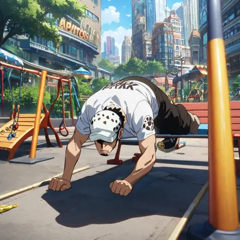 trafalgar law、Tragalfaro is doing push-ups on a bench in a city park、solo、full body、HD、Super Detail、High definition 、 with movement、anatomically correct、deep background with letters written on it、 Fantastic、 shines brightly、A city park with swings and slid...