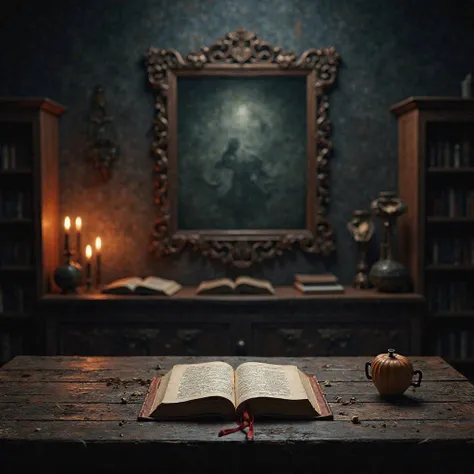 A dark, mysterious, and thrilling background for the book "Adam's Woman", capturing the essence of its mythological fantasy and adult thriller themes. The scene features a dimly lit, atmospheric setting with a wooden table in the foreground, intentionally ...