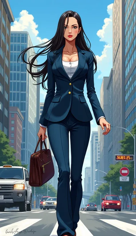 "Create a detailed illustration of Nico Robin from the anime *One Piece* walking home from the office, staying true to the original anime style. She has long black hair and is wearing a sleek dark blue suit, looking incredibly cool. She carries an office b...