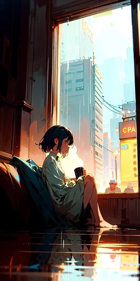 Quiet rainy night,holding warm coffee in hand,person sitting by the window,raindrops flowing through the window,The city's neon lights are vaguely reflected,Soft and nostalgic colors,Calm Atmosphere,beautiful profile,Lo-Fi style image prompt, with a relaxe...