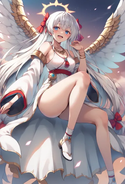  points  _9,  points  _8_go up   ,  points  _7_go up   , source   _anime,  1 girl, bangs, white hair,Greek goddess,,laurels,  necklaces  ,big wings,young girl,a traditional Vietnamese dress embroidered with gold, a magnificent hair ornament, magnificent je...