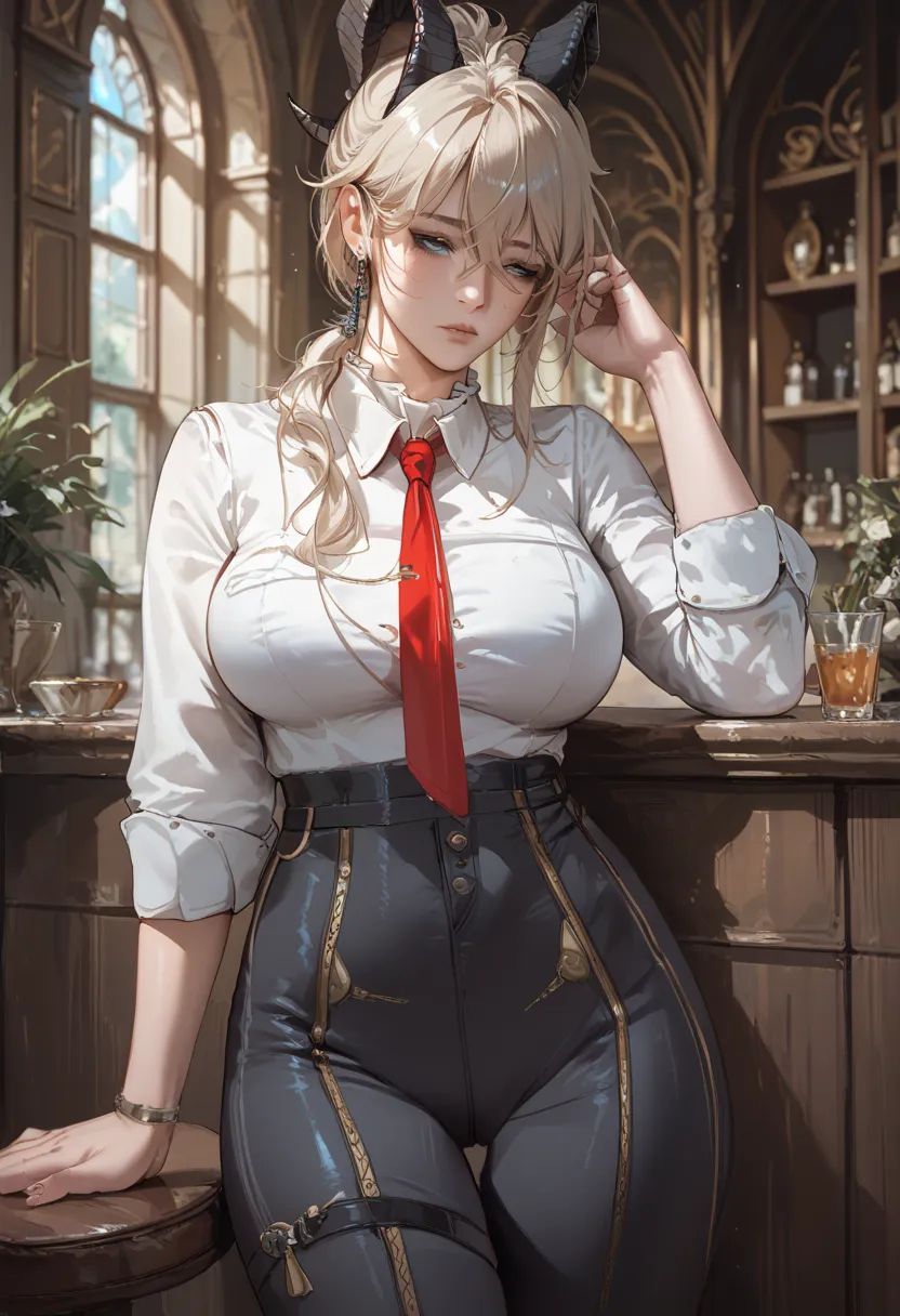 thigh suit, sleepy eyes, pants, milf, tie hair