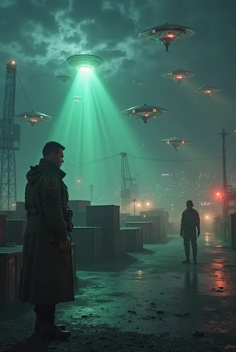 A cinematic and highly detailed night scene of an industrial port, surrounded by stacked metal containers. One of the containers is open and radiating a radioactive greenish glow, while government agents in protective suits examine the place with flashligh...