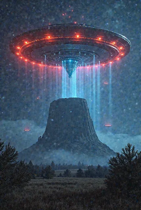 Huge Alien mothership high over Devil's Tower in Wyoming with colorful red and blue bright orbs flying around at night close encounters of the third kind movie poster 