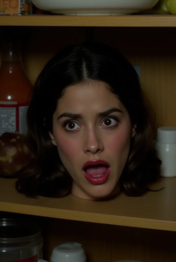 Photo of pretty 20 year old woman's disembodied head sitting in a kitchen cupboard. Dark brown, medium lenth hair. Scared facial expression. Gorgeous face. Latina. She has an expressive frightened face. Disembodied head sitting on a shelf in a cupboard. Ci...