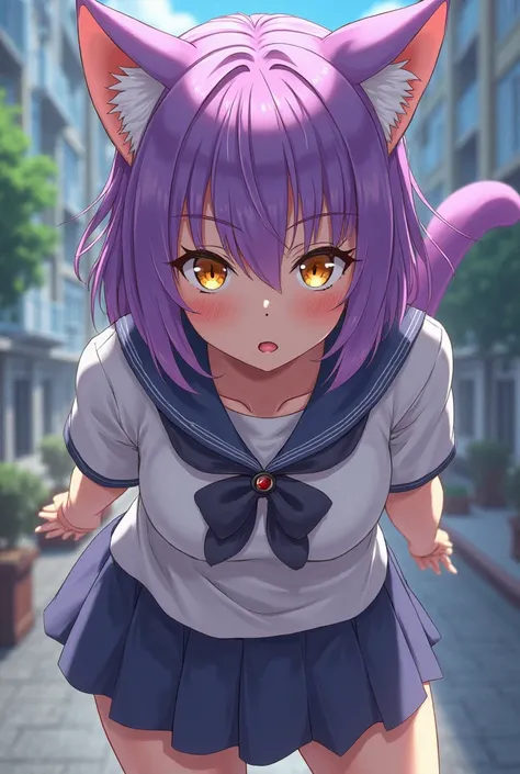 anime style、 high school girl、It has cat ears 、The cat&#39;s tail is growing、 purple hair、golden eyes、Cat Eyes、Ready to hunt