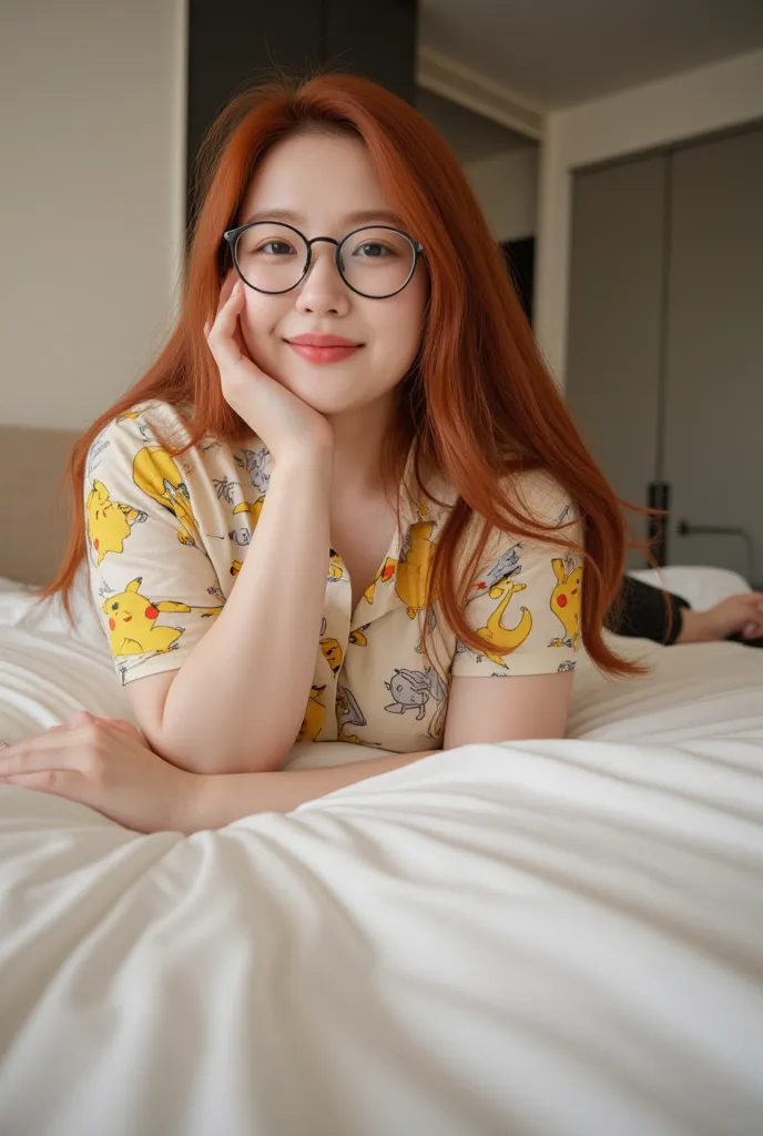 Amateur shot , Picture of a full-bodied woman, lying on a bed , without makeup,  light smile with slightly open mouth , she has long hair and red messy hair,   wearing round glasses , wearing a cute Pokemon blouse , natural face ,  pale skin, Silhouette of...