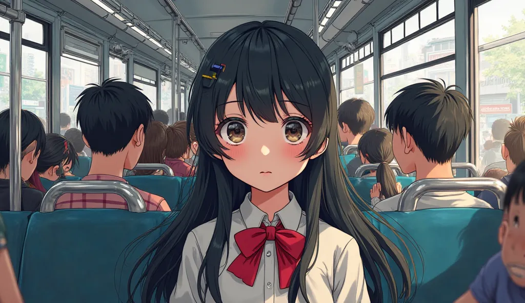 Create manga image of a young girl with long black hair with locks and a red bow tie on her head on a bus and other travelers 