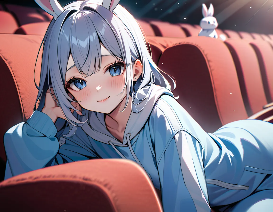 (In 8K, Best Quality, Master Piece:1.2), Ultra High Resolution,2 female,1 girl and 1 chibi,ultra-detailed face,detailed eyes, chibi has long white hair and blue half-closed eyes and pursed lips,white rabbit ears,the chibi wearing light blue romper,girl is ...