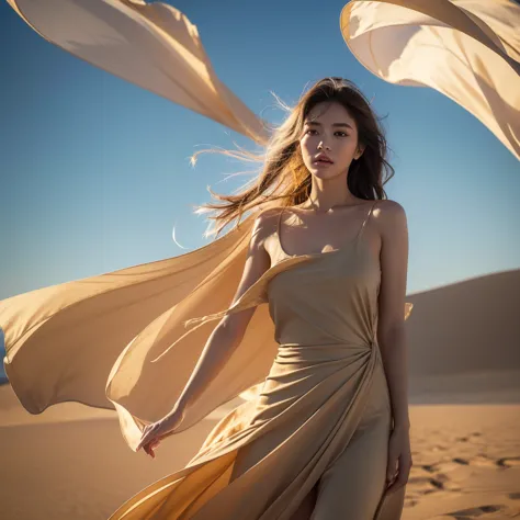 1 girl,  beautiful young women, , stands gracefully, In the vast expanse of the desert, Relaxed Dress Fluttering in the Wind,  Golden Sunlight , Warm Glow on the Face, impressive features, Endless Dunes, Silence and Solitude, realistic painting style, Capt...