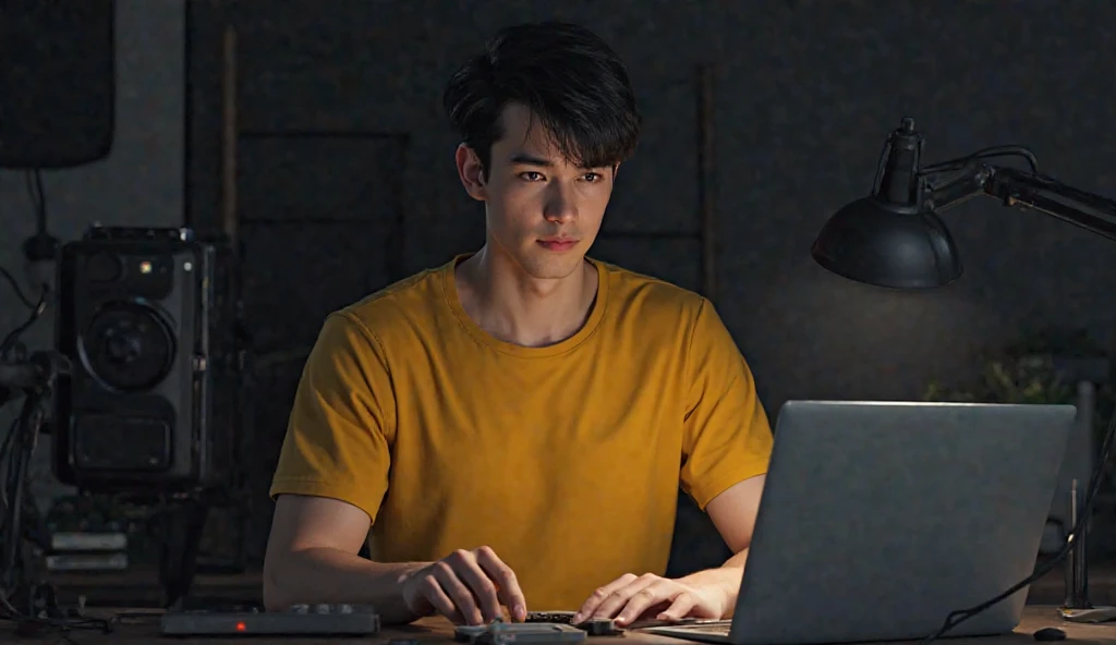 A 22-year-old young man is sitting in front of a computer desk with a mic and a laptop. He is wearing a yellow shirt, has beautiful black hair, and is in against black them

