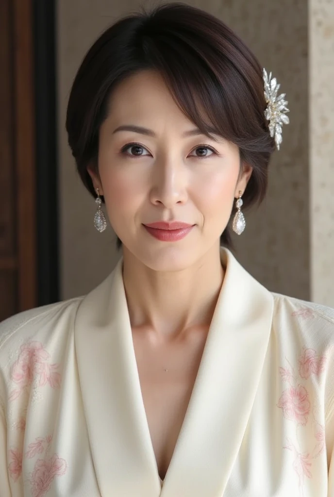 A close-up portrait of a full-figured and exquisitely elegant 50-year-old Japanese woman, radiating confidence and sophistication, wearing a modernized courtesan-style kimono. The kimono is a soft ivory shade with delicate pink floral lace detailing, givin...