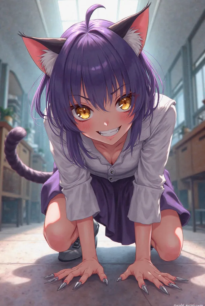 anime style、 high school girl、It has cat ears 、The cat&#39;s tail is growing、 purple hair、golden eyes、Cat Eyes、 on all fours、狙いを定める、Sharp Claws