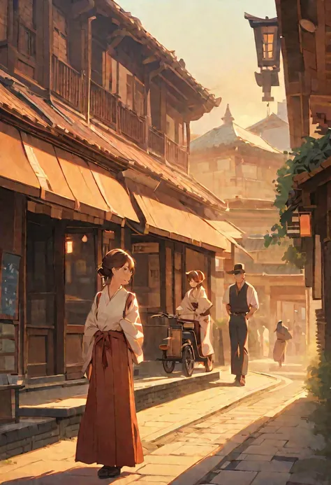 "A nostalgic Taisho-era streetscape of Japan, featuring detailed traditional wooden architecture, vintage street lamps and people in kimonos and hakama. A warm, golden sunset bathes the city in a soft light, creating a dreamy atmosphere. A rickshaw driver ...