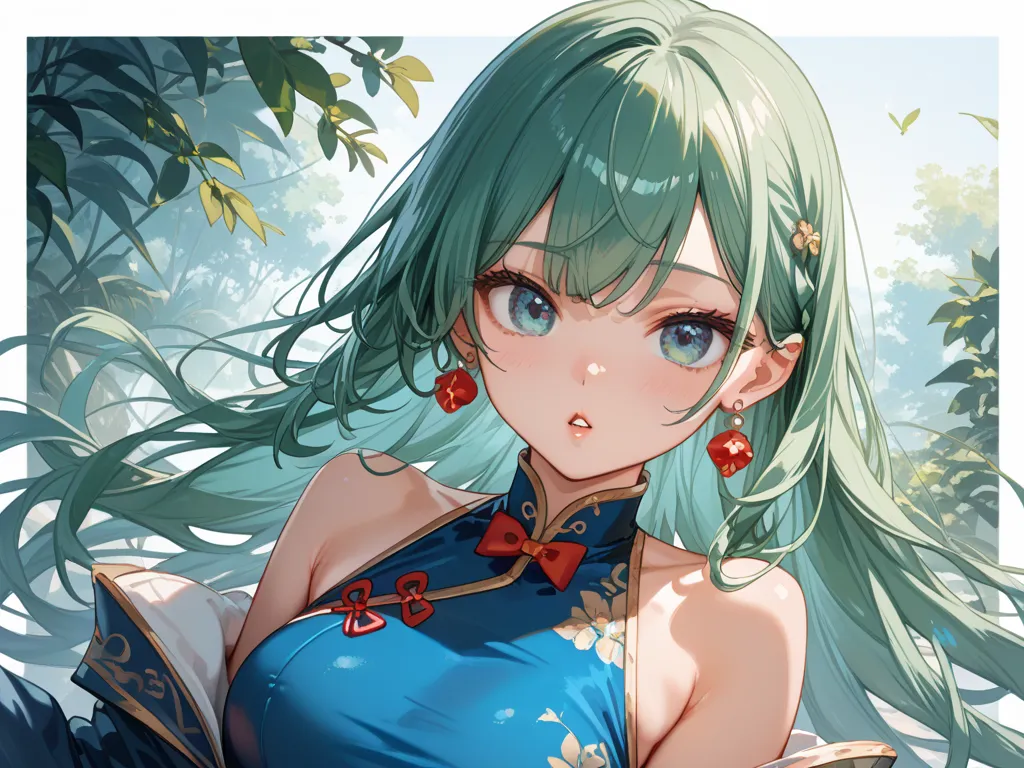 Blue-green hair、 long hair、THAT、Blue clothes、white border on clothes、 miniskirt、 side slits that look like a cheongsam、Half-naked、I can't see my bare skin with a red bow on my chest 、 big eyes、earrings