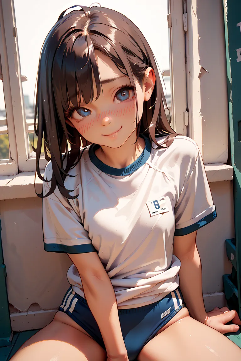 school gym shirt, buruma, (closeup crotch:0.1), (closeup lip:0.5),(closeup face:0.6), full color, illustration, little smile, posing cute, shy, blush, explicit insets, front view, 