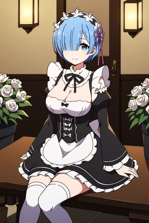  score_9,  score_8_up,  score_7_up,  source_anime, Rem,  blue eyes,  Lantern, hair ornaments close to the garden,  hair over one eye , hair ribbons,  short hair, x hair ornaments close to the garden, big breasts,, apron, black bow, black  dress, black ribb...