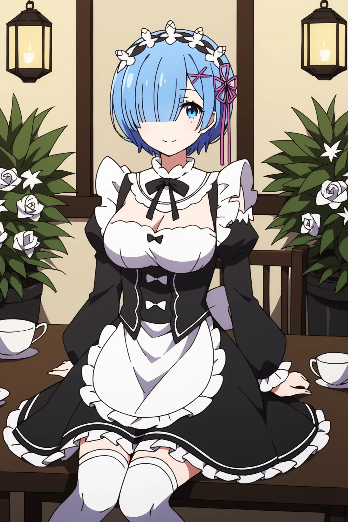  score_9,  score_8_up,  score_7_up,  source_anime, Rem,  blue eyes,  Lantern, hair ornaments close to the garden,  hair over one eye , hair ribbons,  short hair, x hair ornaments close to the garden, big breasts,, apron, black bow, black  dress, black ribb...