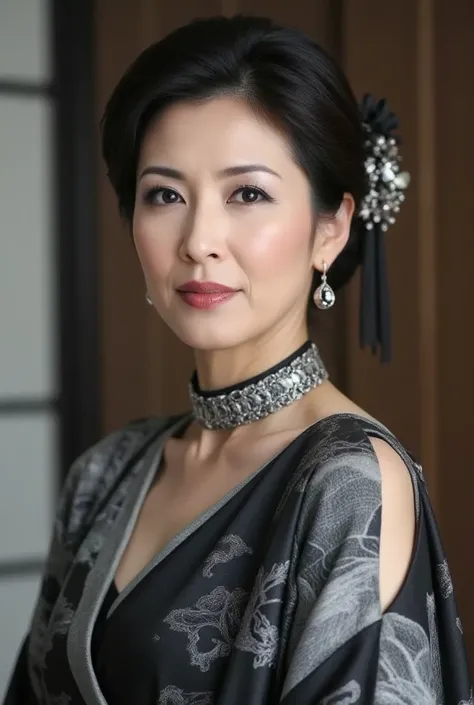 A close-up portrait of a curvy and strikingly sophisticated 50-year-old Japanese woman with an alluring and confident expression, wearing a modernized courtesan-style kimono. The kimono is an elegant combination of deep ink-black and smoky gray, featuring ...