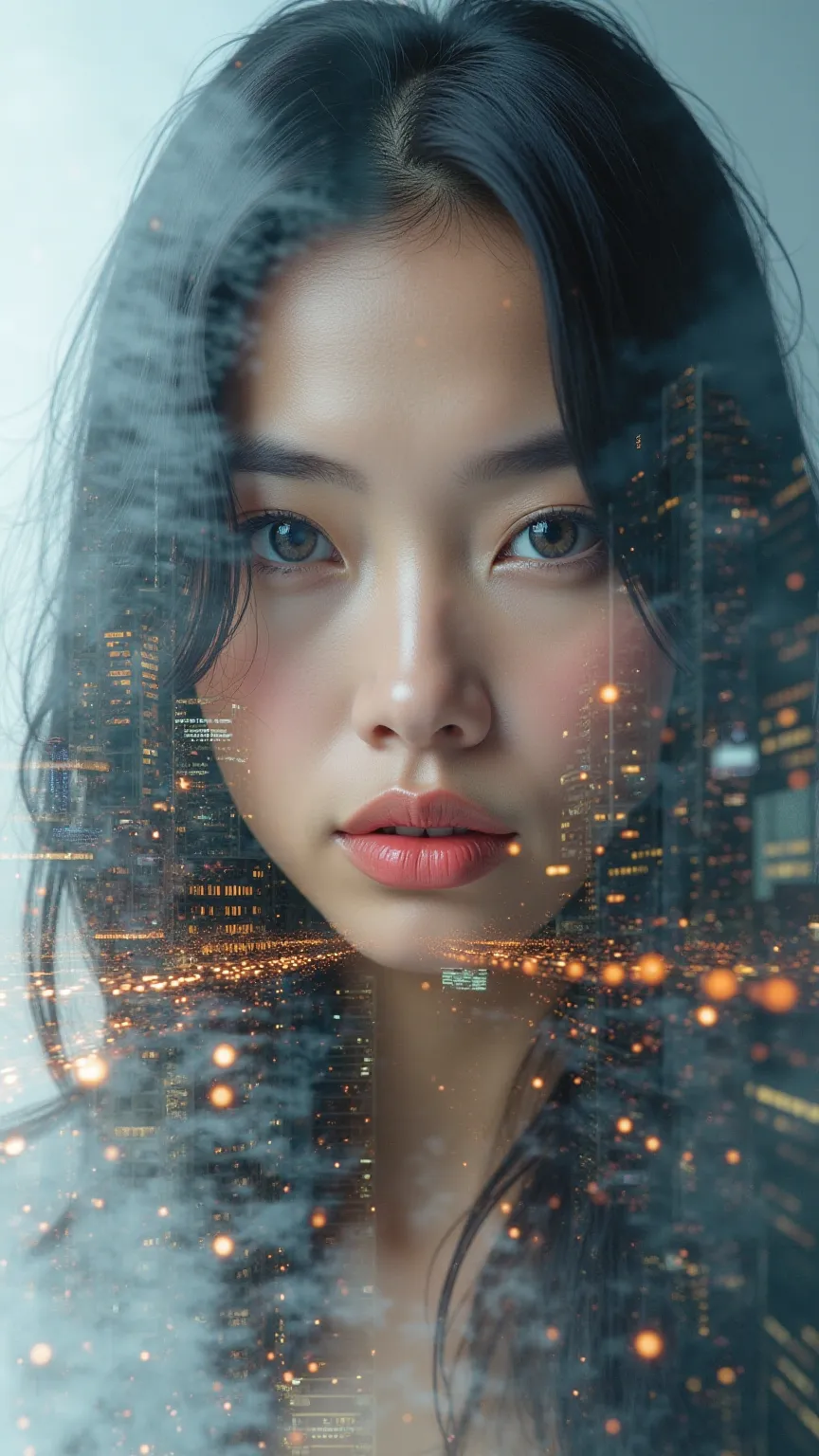 Double exposure of a beautiful woman's face looks straight in the camera, her skin is absolute clear and wonderful her hair black, the second part of the image is a large city, put the images together with a stroke in the middle, photography, hyper realist...