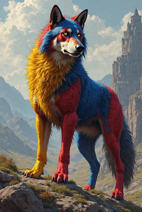 I want a picture of the Dacian wolf in the colors of the flag of Romania red yellow and blue