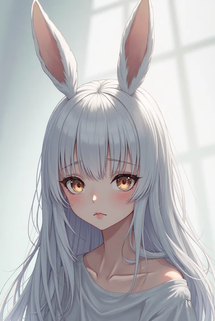 Anime girl aged 21 years old with long white hair with rabbit ears and sad face model