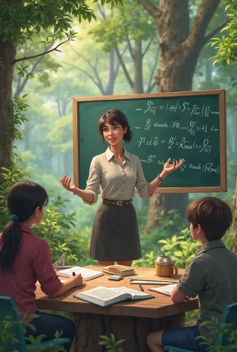 Female teacher standing outdoor tree stump giving lecture, there is a table with mathematical formulas