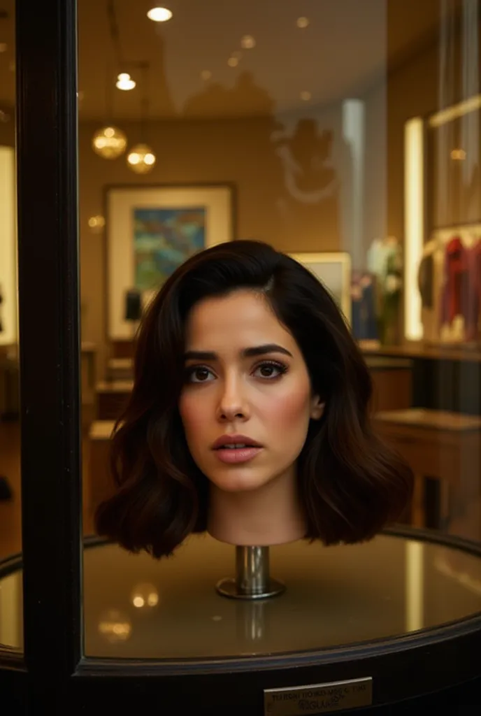 Photo of pretty 20 year old woman's disembodied head sitting in the window pane of a jewelry shop. Dark brown, medium lenth hair. Upset facial expression. Gorgeous face. Latina. She has an expressive annoyed face. Disembodied head sitting in a display case...