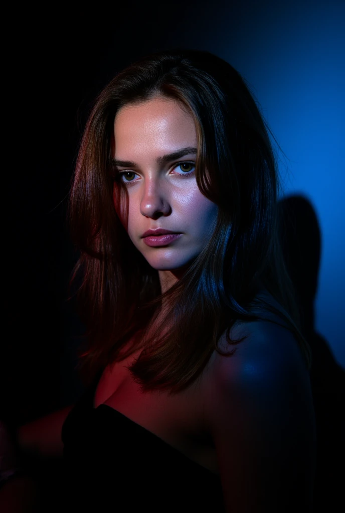 long light brown hair, STRIKING DETAILS. red-yellow gel light, window shadows reflection from strobe light, gel light, soft glow light, A striking studio portrait of an slavic woman, illuminated by a dramatic mix of black and white with blue and red gel li...